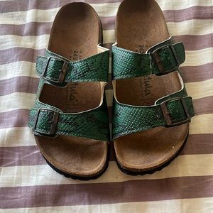 Green snakeskin Birkenstock slides
